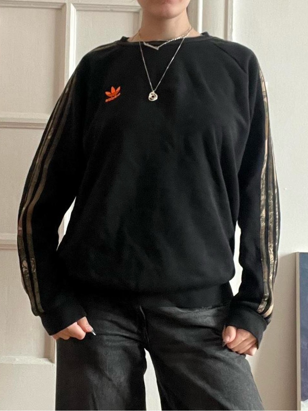 Size Large Adidas Black + Orange Logo + Camo Sweatshirt